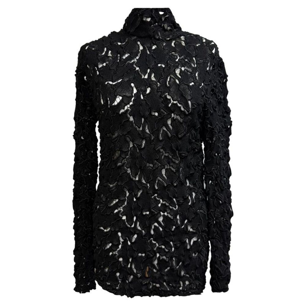 Bottega Veneta Lace Pattern Mock Neck Blouse in Black Polyester